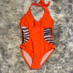 Vibrant Orange Halter One Piece Swimsuit